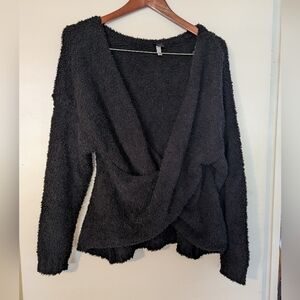 Felina Black V-Neck Women's Denali Fuzzy/Teddy Sweater Size M